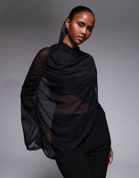 ASOS DESIGN – Svart topp i mesh med superdraperad cape - view 1