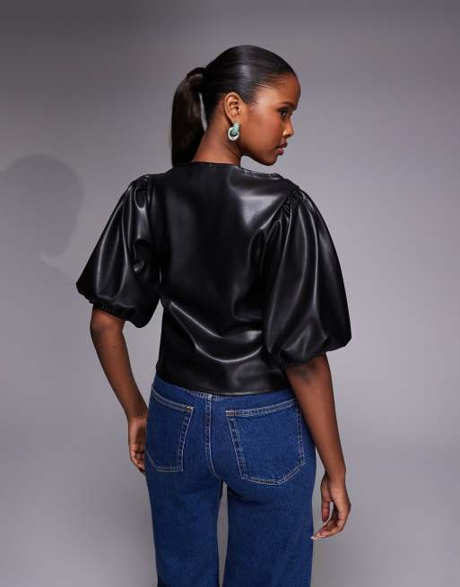 ASOS DESIGN – Svart topp i polyester med puffärmar och knäppning, 2 av 4