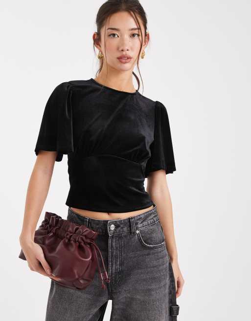 ASOS DESIGN – Svart topp i sammet med puffärmar och knytning baktill