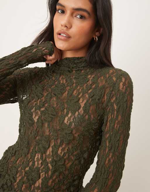 ASOS DESIGN – Svart topp i skir spets med långa ärmar och hög krage