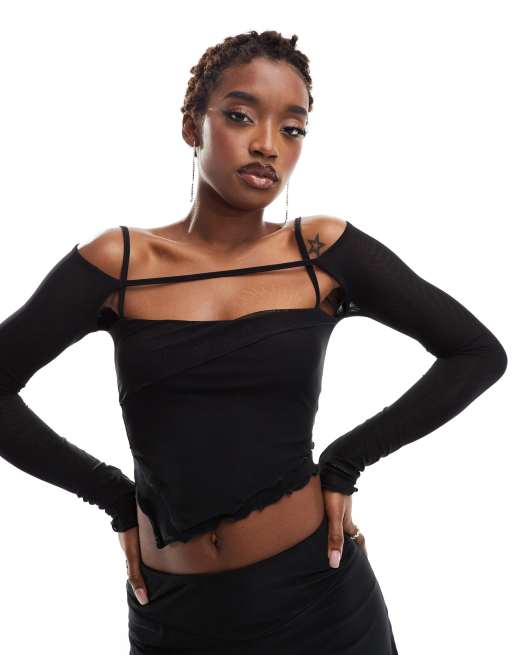 ASOS DESIGN – Svart topp med bolerodetalj och asymmetrisk fåll i mesh