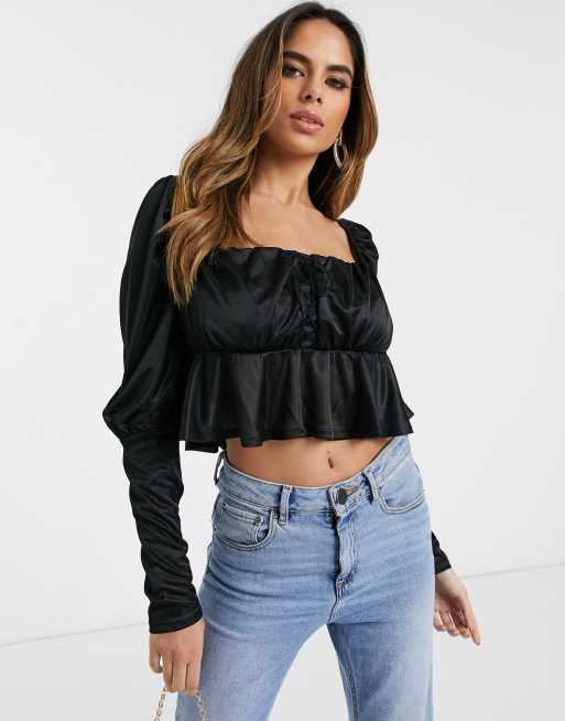 ASOS DESIGN – Svart topp med fyrkantig halsringning och peplumfåll