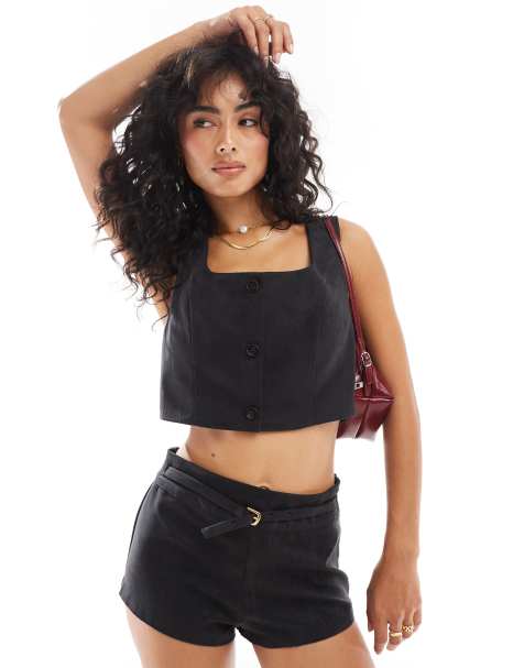 ASOS DESIGN – Svart topp med fyrkantig ringning i mockaimitation, del av set - view 1