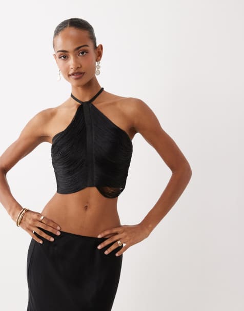 ASOS DESIGN – Svart topp med halterneck, drapering och fransar - view 1