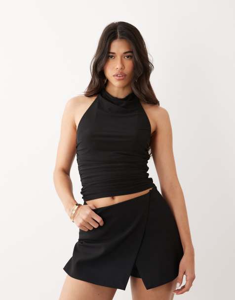 ASOS DESIGN – Svart topp med halterneck och draperad ringning i mesh - view 1