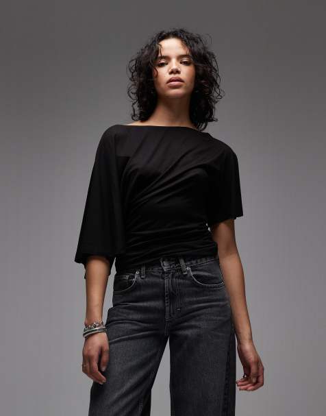 ASOS DESIGN – Svart topp med sänkt axel och markerad midja - view 1