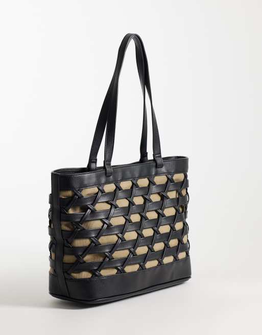 ASOS DESIGN – Svart toteväska i kontrastvävt material med beige foder, 4 av 4