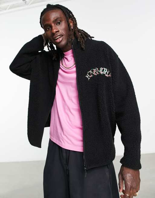 ASOS DESIGN – Svart träningsjacka i oversize och teddy med dragkedja och logga på bröstet