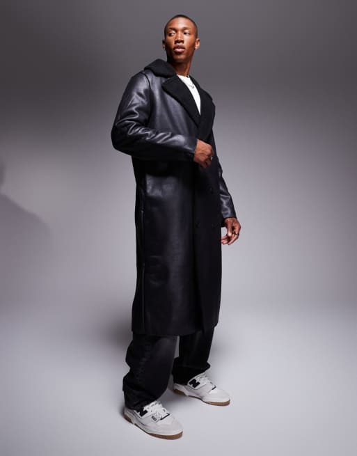ASOS DESIGN – Svart trenchcoat i läderimitation med teddyfoder, 2 av 4