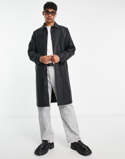 ASOS DESIGN – Svart trenchcoat med skärp i läderimitation