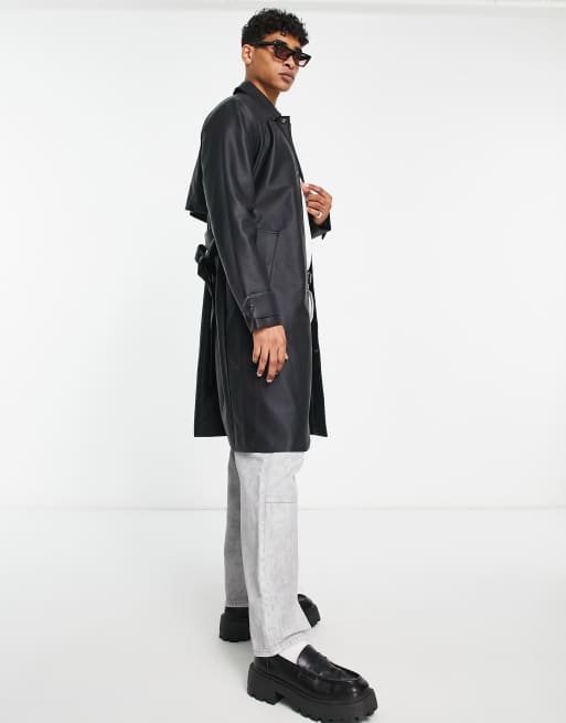ASOS DESIGN – Svart trenchcoat med skärp i läderimitation, 3 av 4