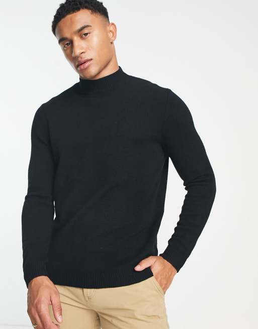 ASOS DESIGN – Svart tröja i lammull med halvpolokrage
