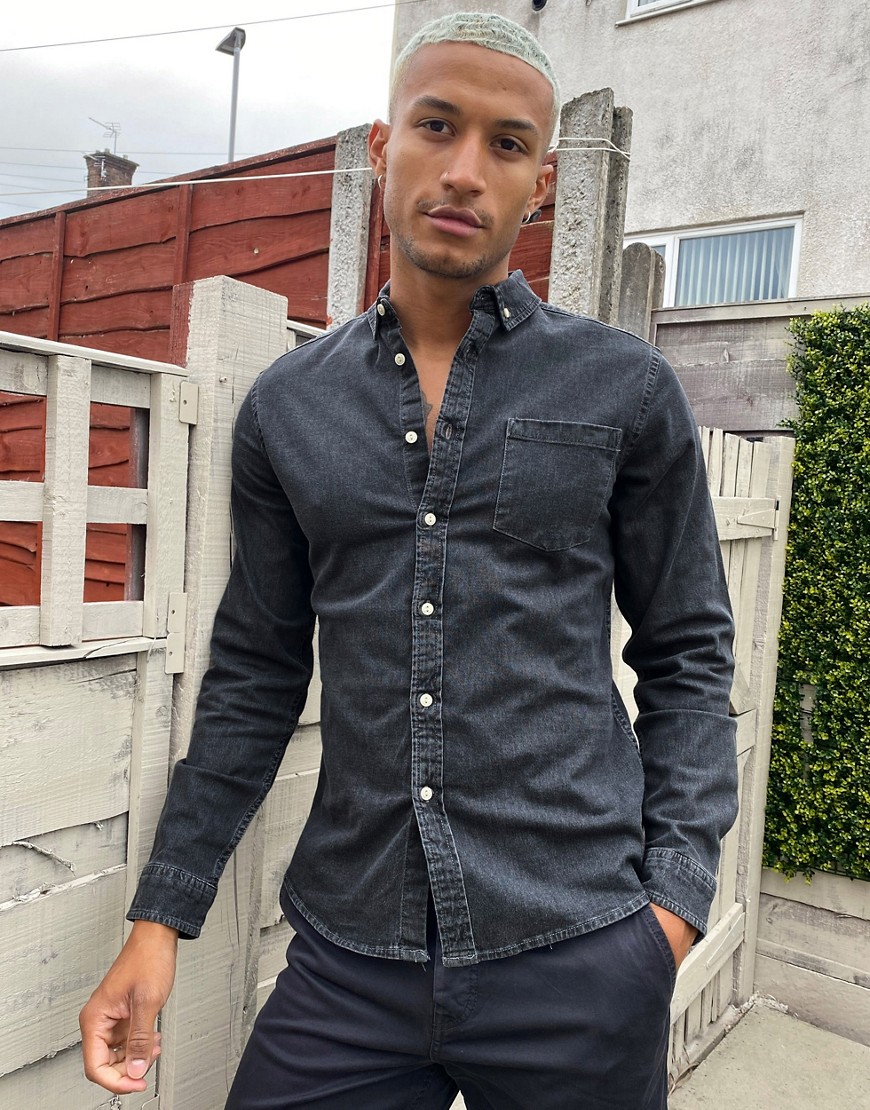 ASOS DESIGN – Svart, tvättad jeansskjorta med smal passform i ekologiskt material-Grå