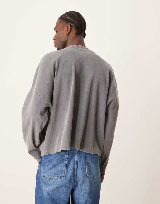 ASOS DESIGN – Svart, tvättad, kort och ribbad henley-topp i extra oversize, 4 av 4