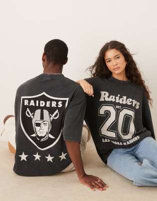 ASOS DESIGN – Svart, tvättad t-shirt i unisex-modell och oversize med "NFL Raiders"-tryck - view 1