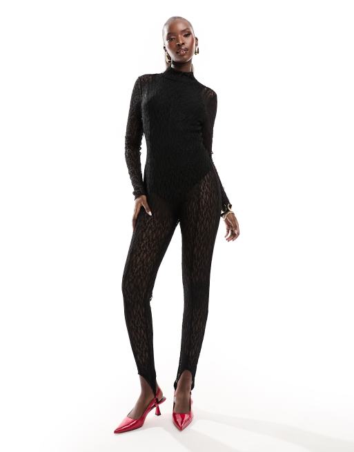 ASOS DESIGN – Svart unitard i spets med hög krage, lång ärm och fothällor, 3 av 4