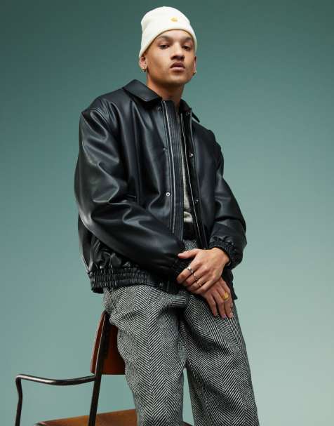 ASOS DESIGN – Svart vadderad Harrington-jacka i läderimitation och oversize - view 1
