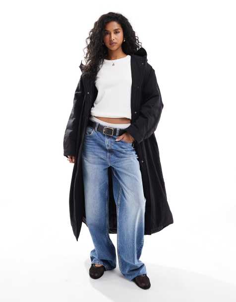 ASOS DESIGN – Svart, vadderad pufferkappa i lång modell med huva - view 1