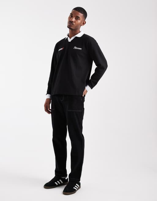 ASOS DESIGN – Svart, våfflad, kraftig pikétröja med långa ärmar och texttryck, 2 av 5