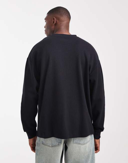 ASOS DESIGN – Svart, våfflad t-shirt i oversize med långa ärmar , 3 av 5