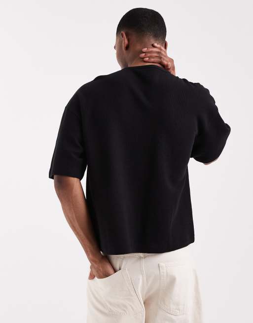ASOS DESIGN – Svart, våfflad t-shirt med boxig oversize-passform och henleykrage, 5 av 5