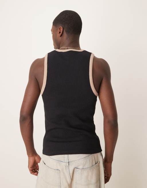 ASOS DESIGN – Svart, våfflat linne i muscle fit med kontrastfärgad söm , 4 av 4