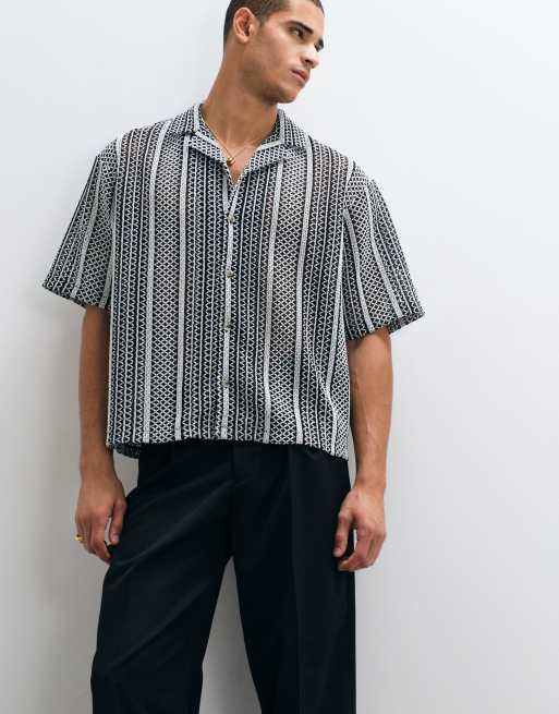ASOS DESIGN – Svart, virkad skjorta i boxig, oversized fit med platt krage, 5 av 5