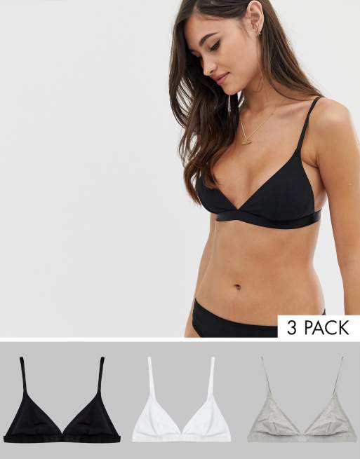 ASOS DESIGN – Svart vit & grå trekantsbehå av jersey i 3-pack