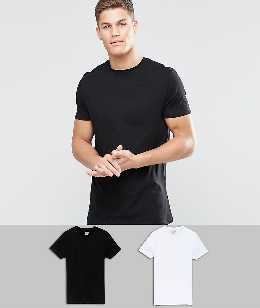 ASOS DESIGN – Svart/vit longline-t-shirt med rund halsringning i 2-pack spara-Flerfärgad