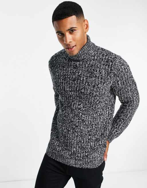 ASOS DESIGN – Svart vit och grov fiskartröja med ribbad polokrage