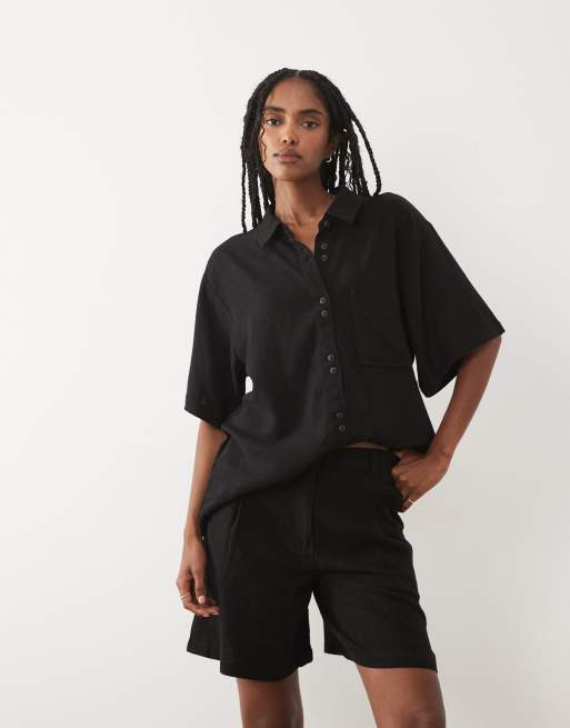 ASOS DESIGN – Svarta avslappnade dad-shorts i linnestil, 2 av 5