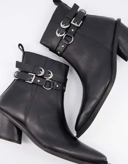 ASOS DESIGN – Svarta chelseaboots i läder med kubansk klack i cowboystil och remmar