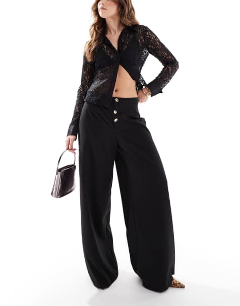 ASOS DESIGN – Svarta, figursydda, vida byxor med hög midja och detaljer - view 1