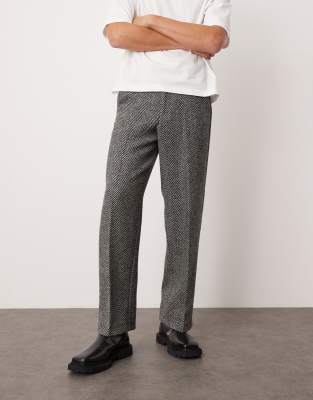 ASOS DESIGN – Svarta finbyxor i yllemix med vida ben och fiskbensmönster - view 1