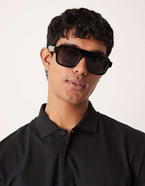 ASOS DESIGN – Svarta, grova pilotsolglasögon med rak näsbrygga och sotiga glas - view 1