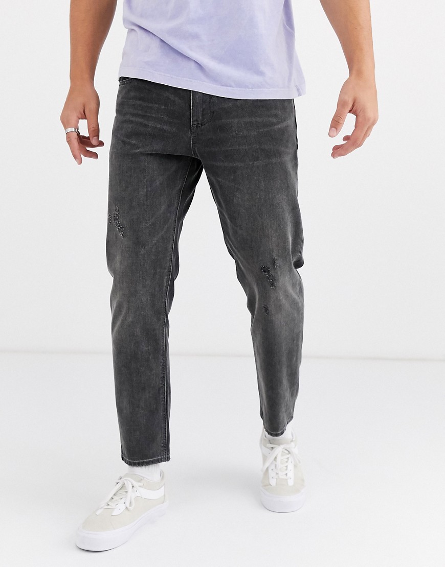 ASOS DESIGN – Svarta jeans i klassisk stil utan stretch med slitna partier