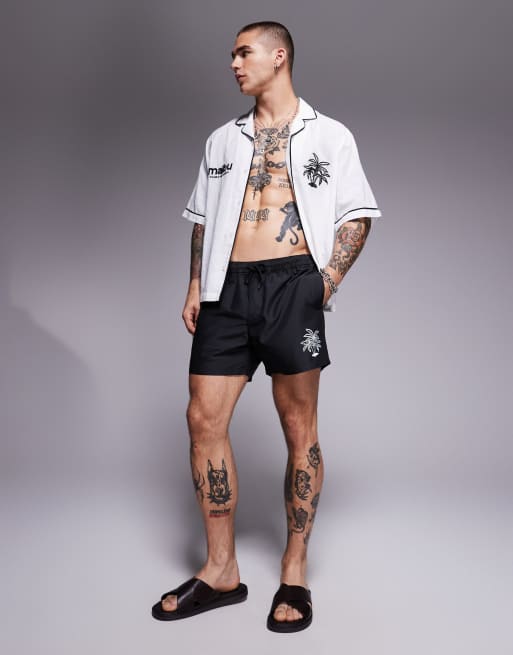 ASOS DESIGN – Svarta, korta badshorts med broderat palmträd, del av set, 2 av 4
