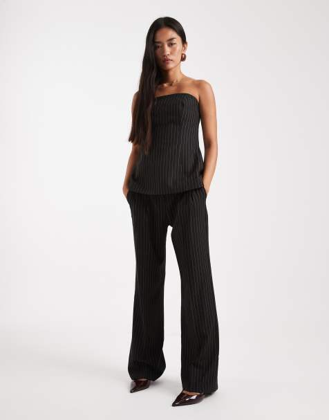 ASOS DESIGN – Svarta, kritstrecksrandiga, avslappnade, figursydda, utsvängda byxor, del av set - view 1