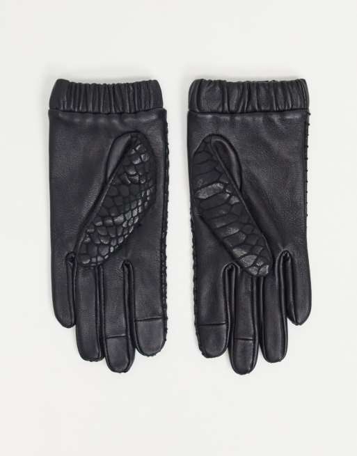 ASOS DESIGN – Svarta läderhandskar med glansigt ormskinnsmönster och rynkade muddar, 2 av 4