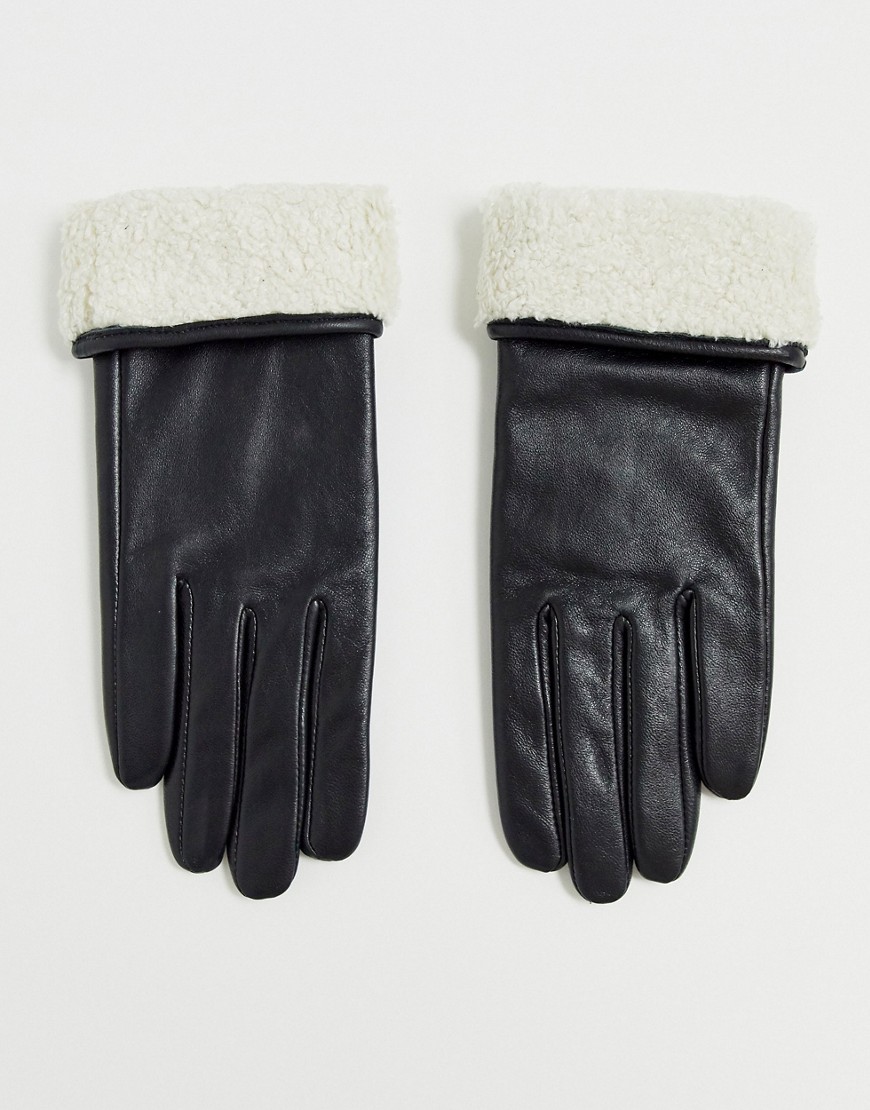 ASOS DESIGN – Svarta läderhandskar med pekskärmsfunktion och teddykant