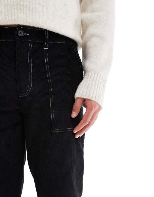 ASOS DESIGN – Svarta manchesterbyxor med raka ben och kontrasterande sömmar  , 4 av 5