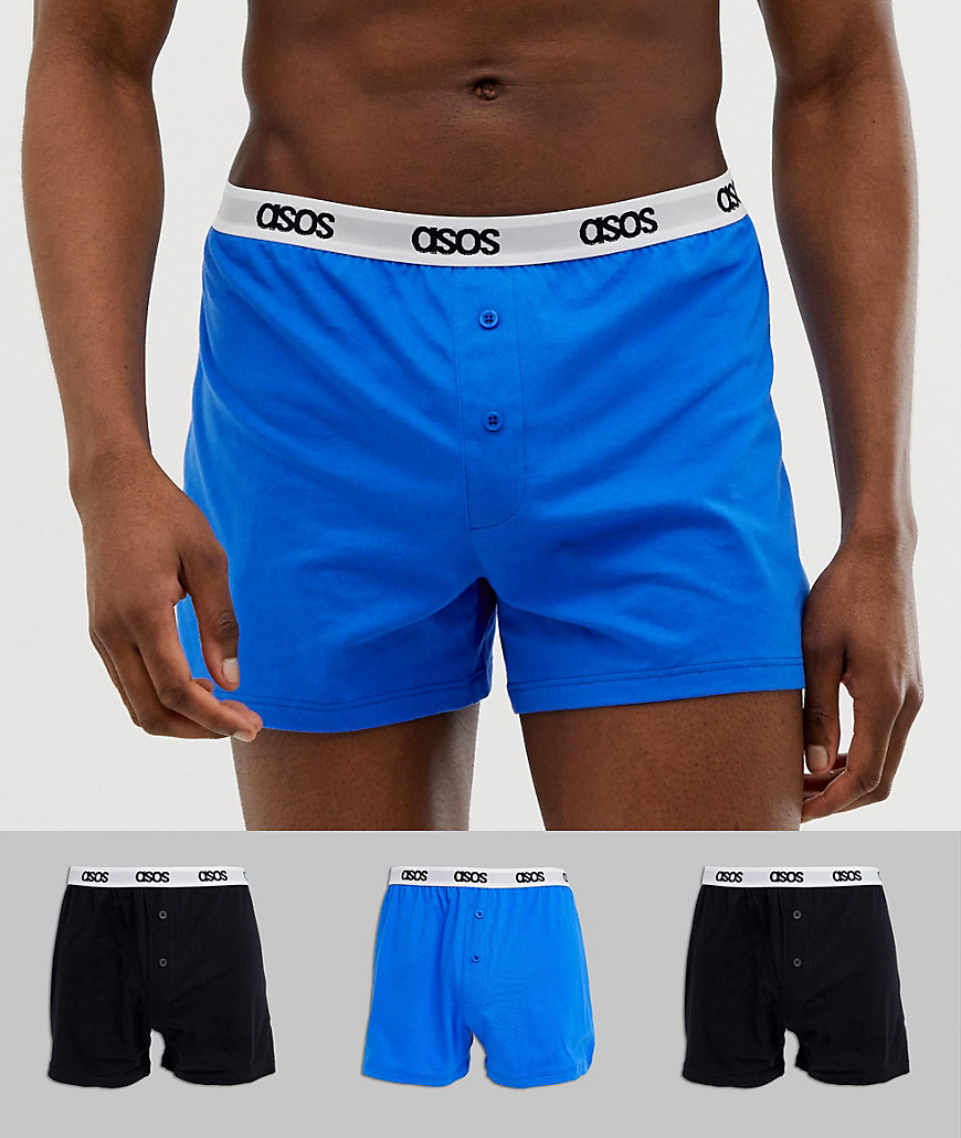ASOS DESIGN – Svarta och blå boxershorts i jersey i 3-pack med logga på midjeresåren spara-Flerfärgad