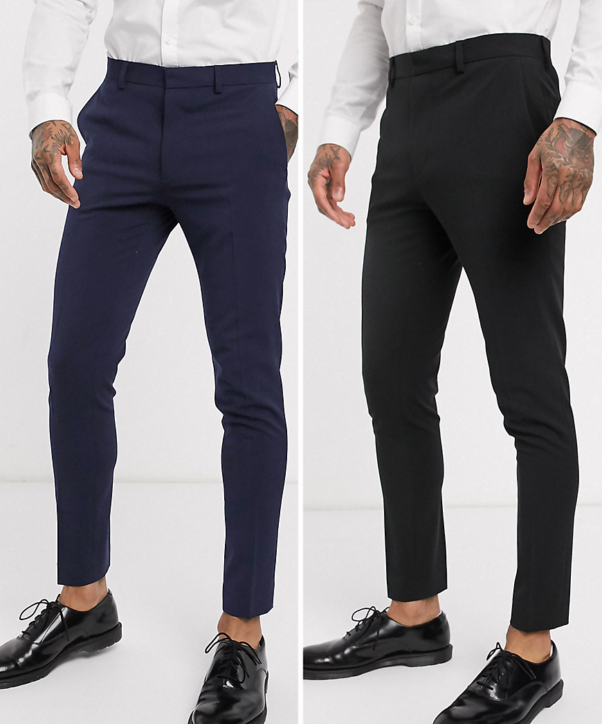 ASOS DESIGN – Svarta och marinblå byxor med supersmal passform i 2-pack-Flerfärgad