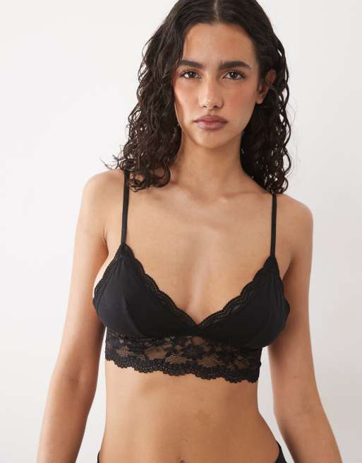 ASOS DESIGN – Svarta och vita bralette i bomull med spetskant, 2-pack, 3 av 4