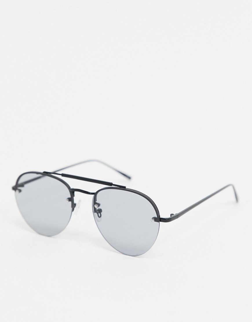 ASOS DESIGN – Svarta pilotsolglasögon i metall med halva bågar och rökfärgade glas
