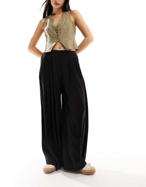 ASOS DESIGN – Svarta plisserade palazzo-byxor i linne med vida ben - view 1