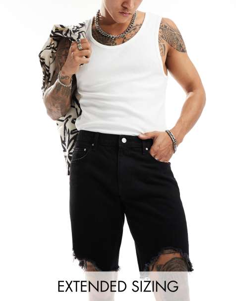 ASOS DESIGN – Svarta, smala jeansshorts i standardlängd med sliten fåll - view 1
