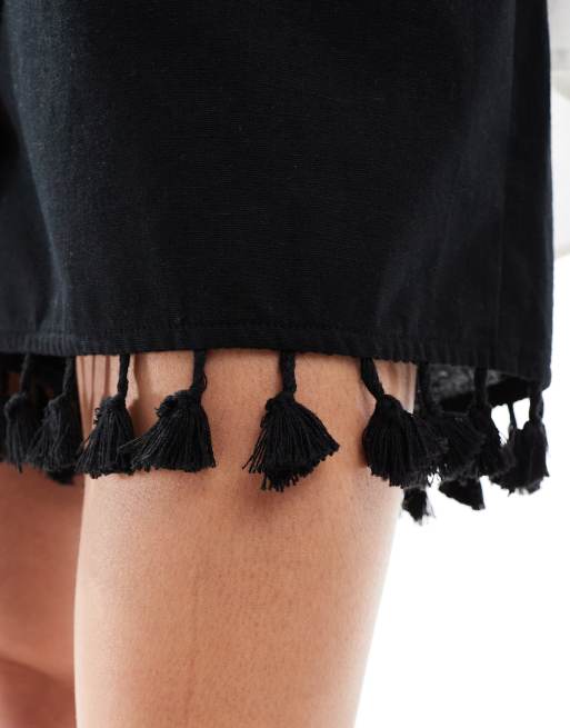 ASOS DESIGN – Svarta, strukturerade shorts i linne med franskant, 5 av 5