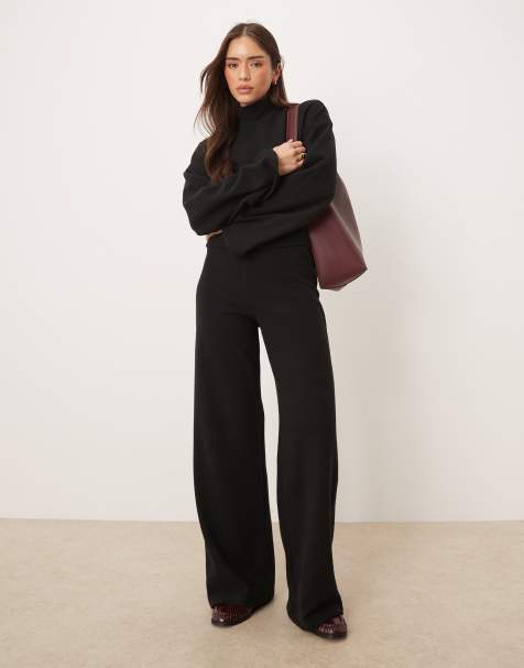 ASOS DESIGN – Svarta, supermjuka byxor med vida ben och medelhög midja, del av set - view 1