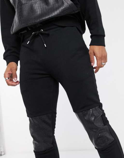ASOS DESIGN – Svarta superskinny joggers med krokodilmönstrade paneler i PU, del av set, 3 av 4
